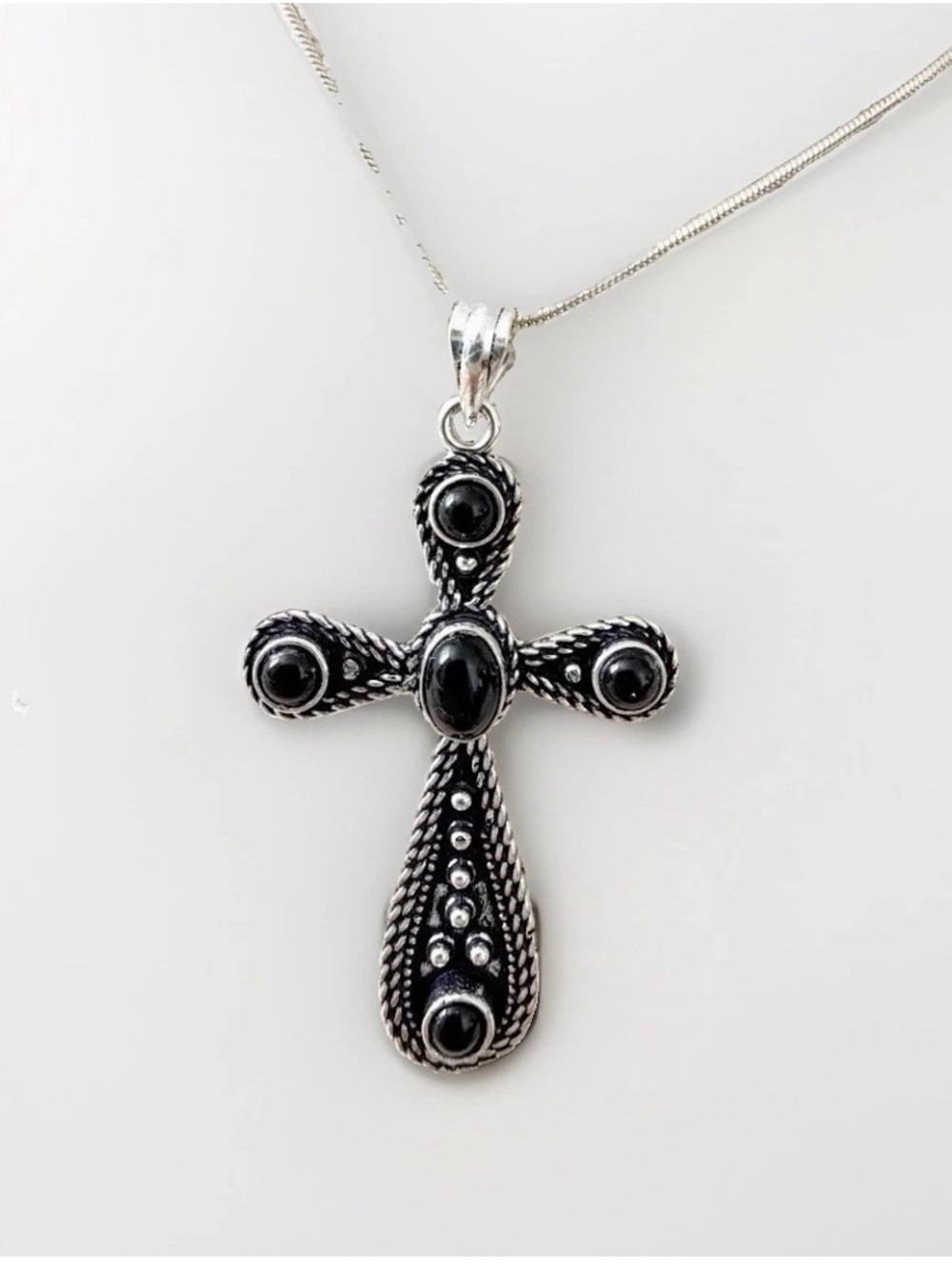 925 Sterling Silver ONYX Cross Necklace Gemstone Womens Jewelry 2.2”